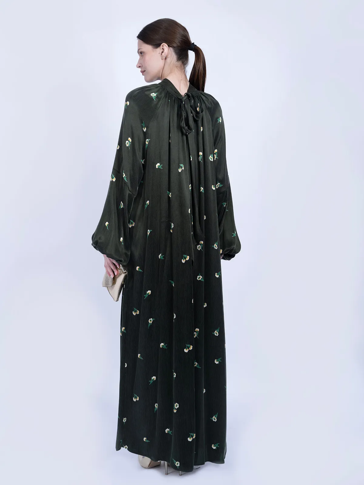 Kravat Yaka Çiçek Desenli İpek Cupro Elbise - Yeşil - Görsel 4