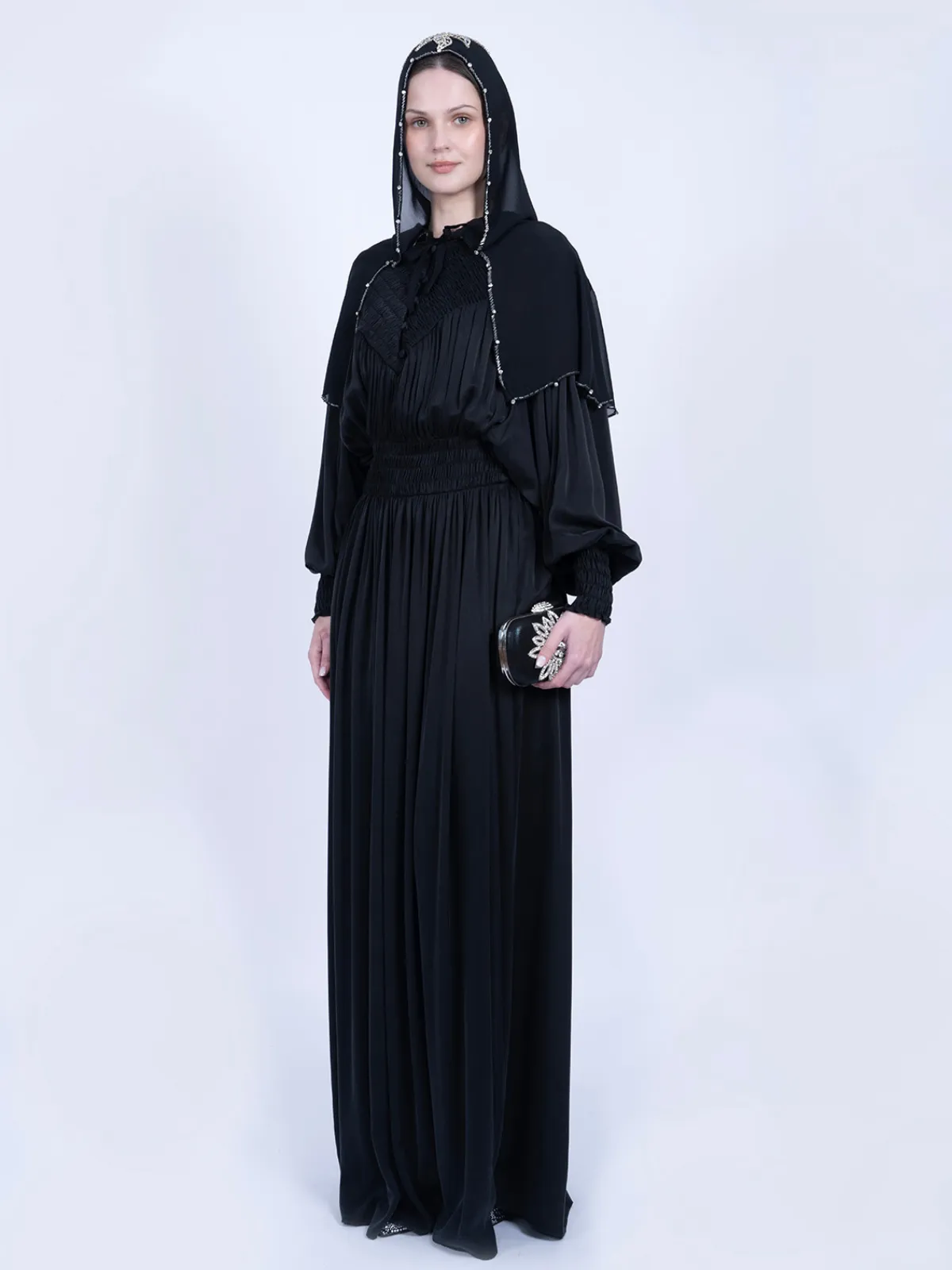 Saf Dut Ağacı İpeği Gipeli Tasarım Elbise - Siyah - İPEK CUPRO ELBİSE