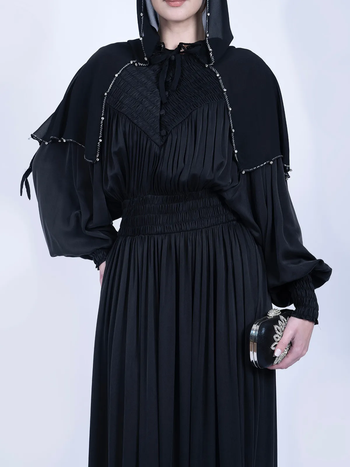 Saf Dut Ağacı İpeği Gipeli Tasarım Elbise - Siyah - Görsel 2