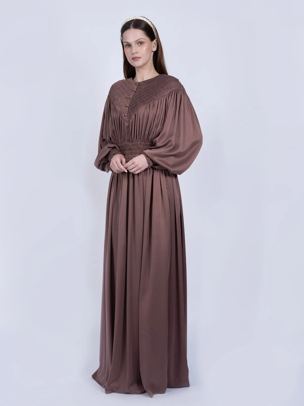 Saf Dut Ağacı İpeği Gipeli Tasarım Elbise - Gül Kurusu - Görsel 2