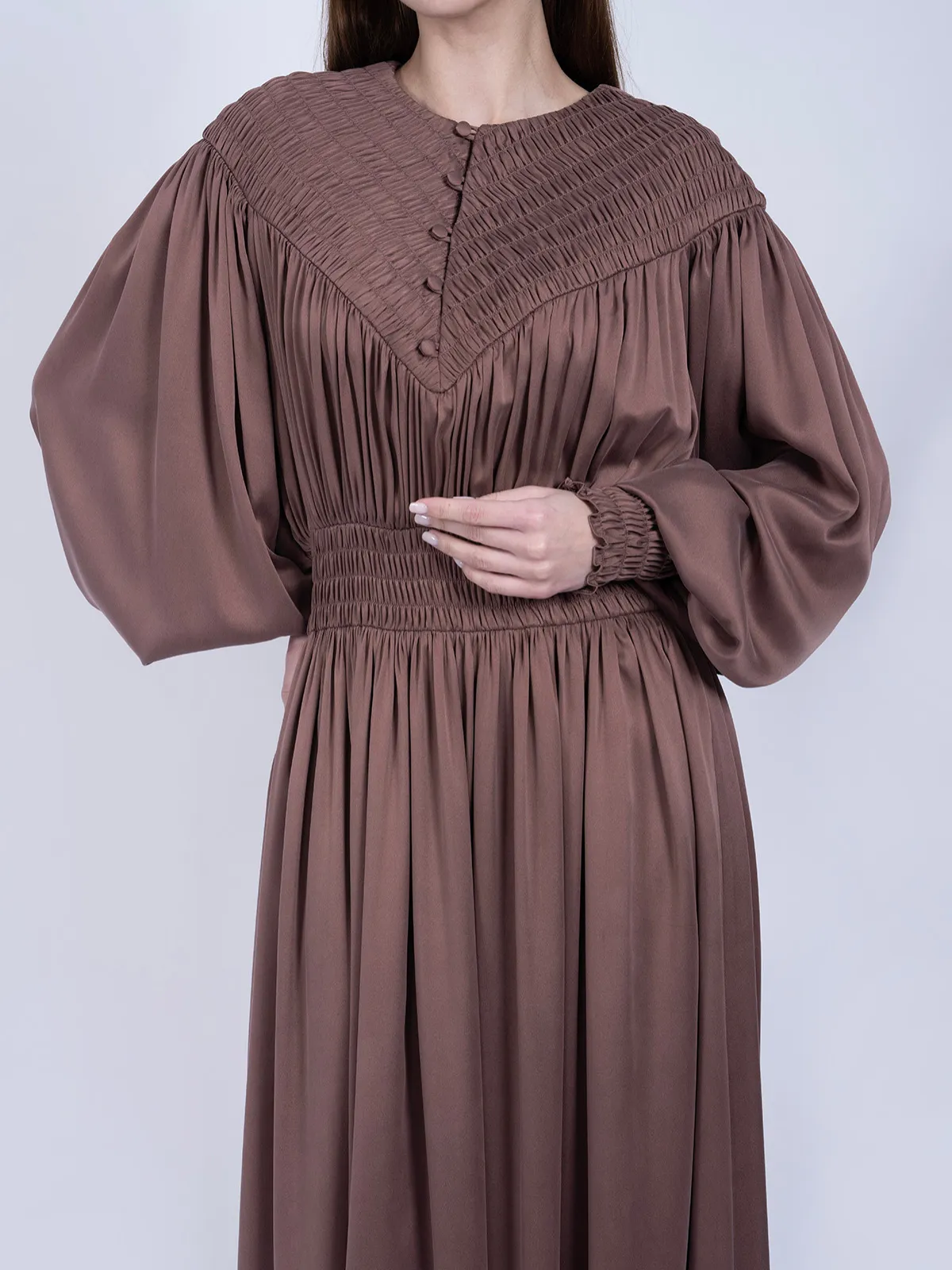 Saf Dut Ağacı İpeği Gipeli Tasarım Elbise - Gül Kurusu - Görsel 3