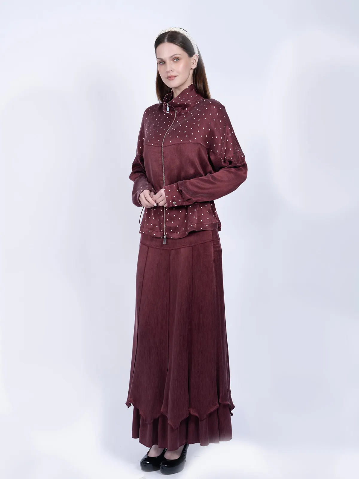 %100 İpek Cupro Puantiyeli Fermuarlı Ceket & Etek Takımı - Bordo - Görsel 2