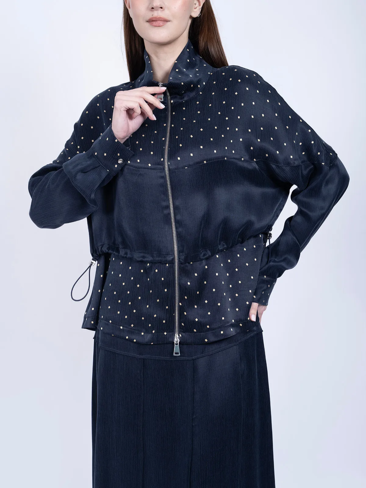 %100 İpek Cupro Puantiyeli Fermuarlı Ceket & Etek Takımı - Lacivert - Görsel 5