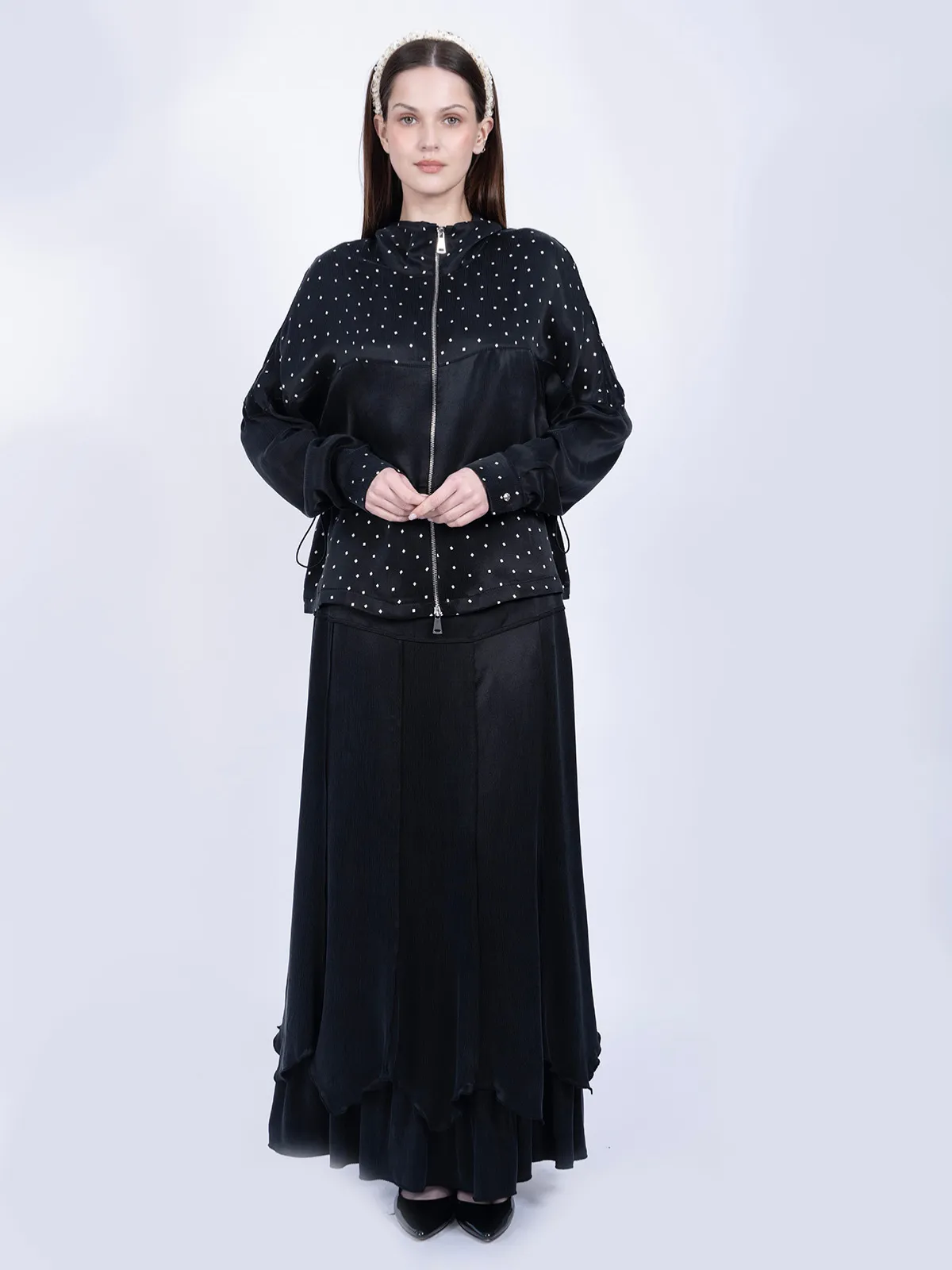 %100 İpek Cupro Puantiyeli Fermuarlı Ceket & Etek Takımı - Siyah