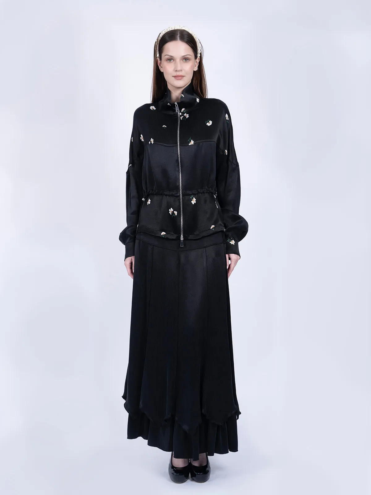 %100 İpek Cupro Çiçek Fermuarlı Ceket & Etek Takımı - Bordo