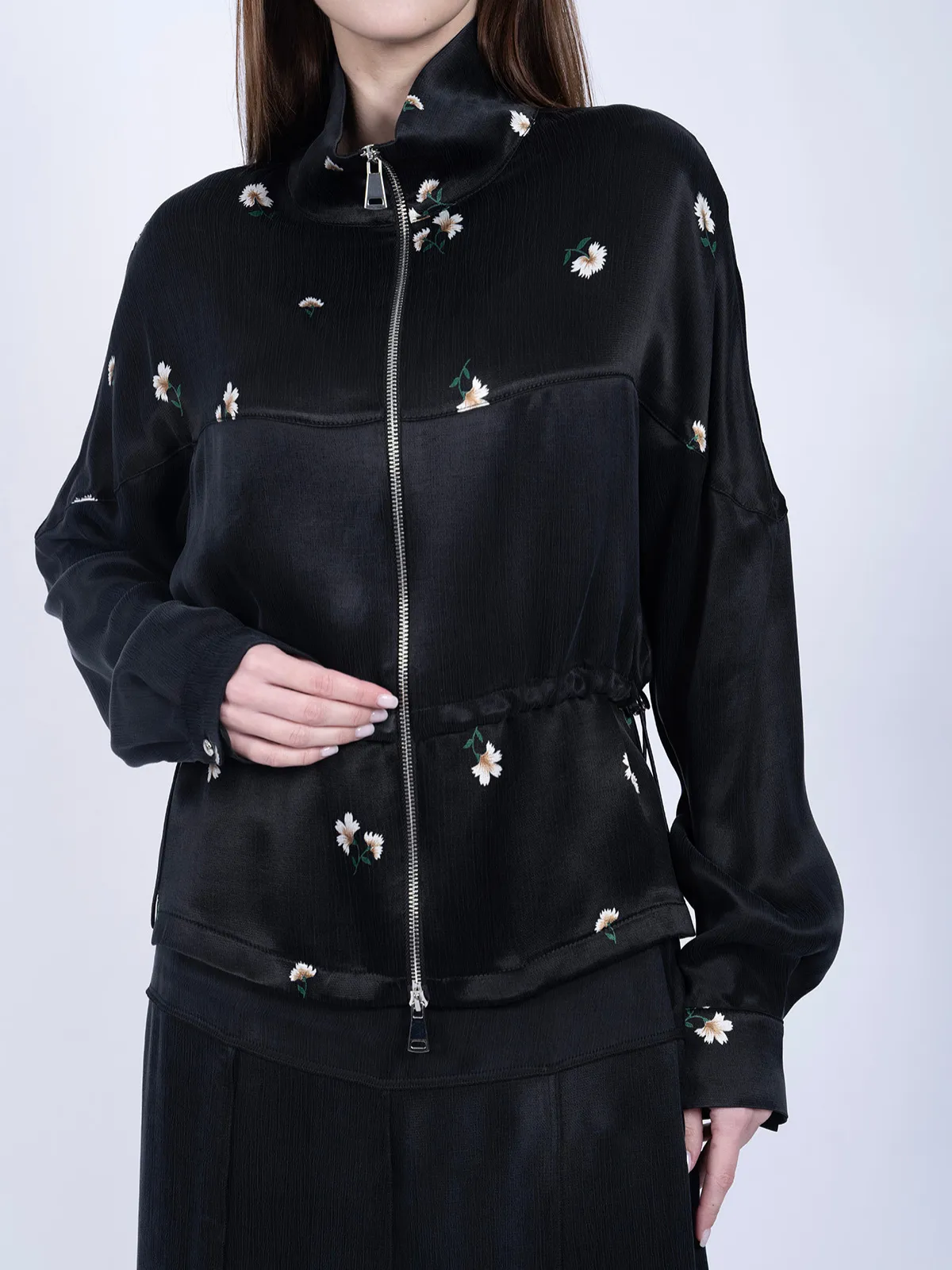 %100 İpek Cupro Çiçek Fermuarlı Ceket & Etek Takımı - Bordo - Görsel 3