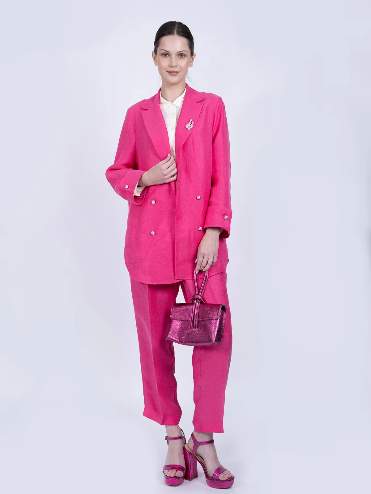 Pembe İpek Keten Spor Ceket Takımı - Görsel 2
