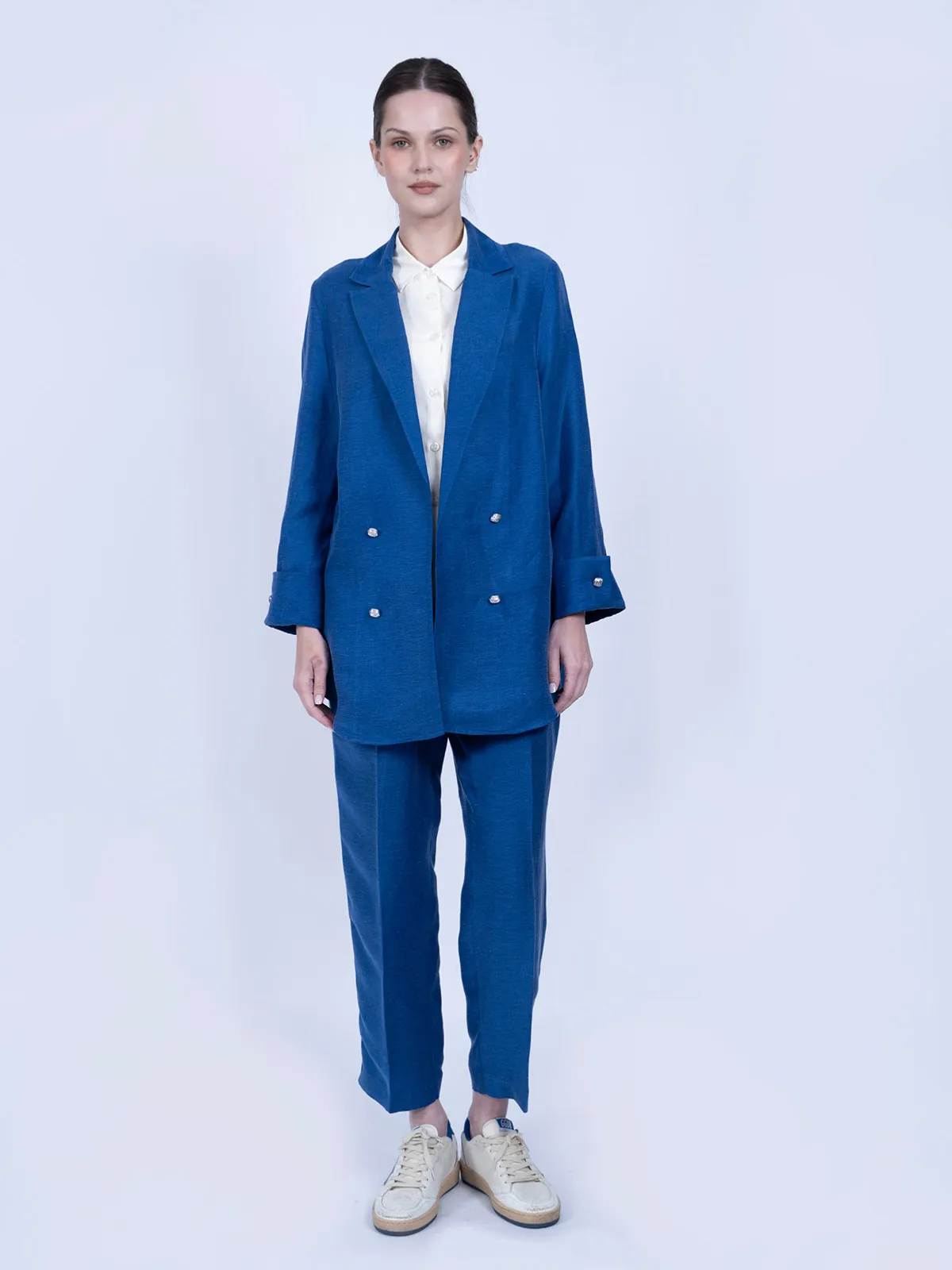 Lacivert İpek Keten Spor Ceket Takımı