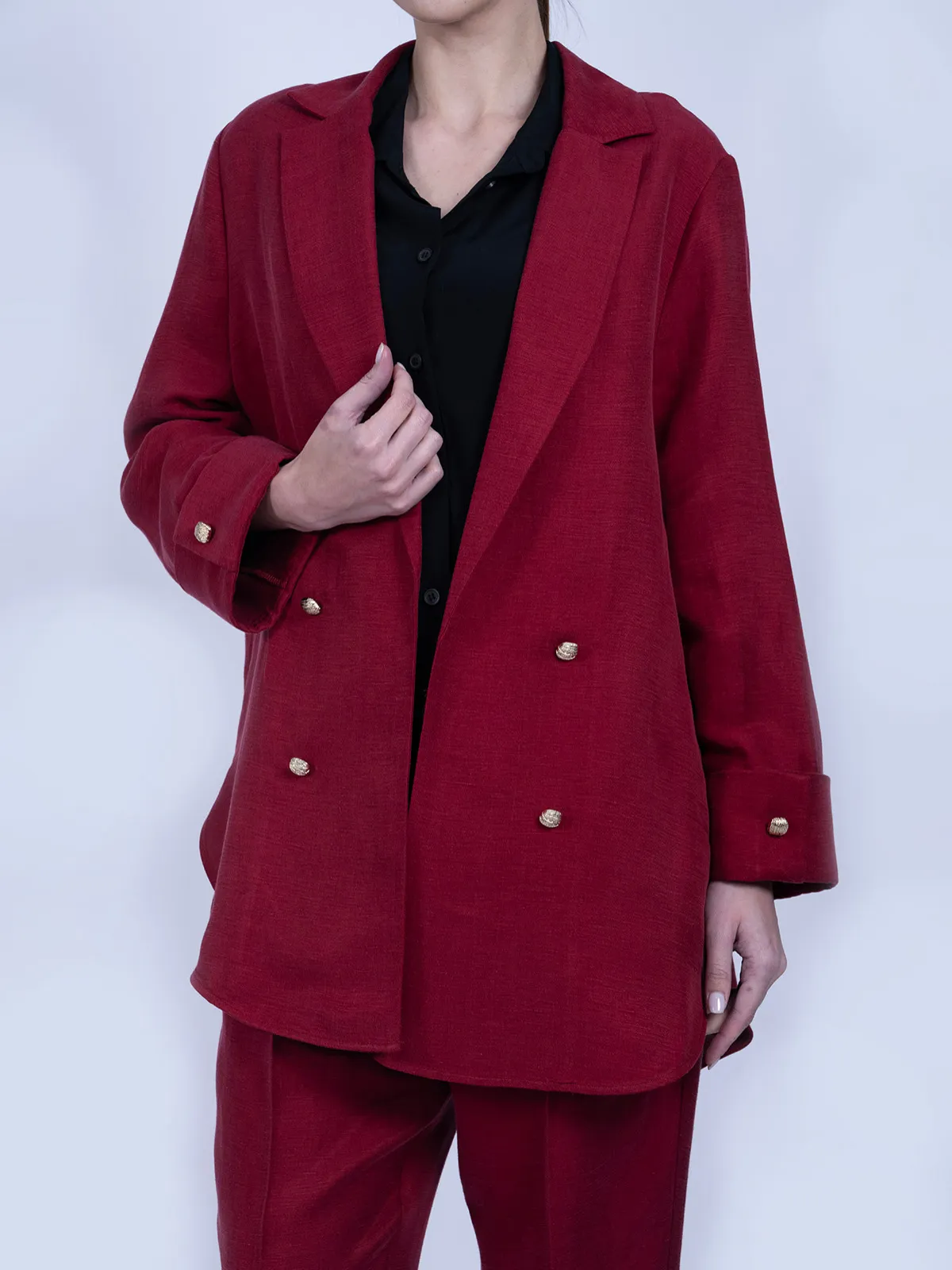 Kırmızı İpek Keten Spor Ceket Takımı - Görsel 3