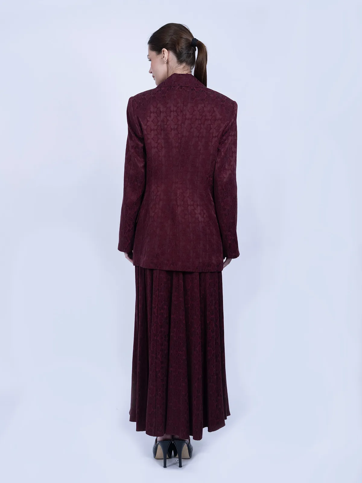 %100 İpek Cupro Jakar Desenli Blazer Ceket & Etek Takımı - Bordo - Görsel 5