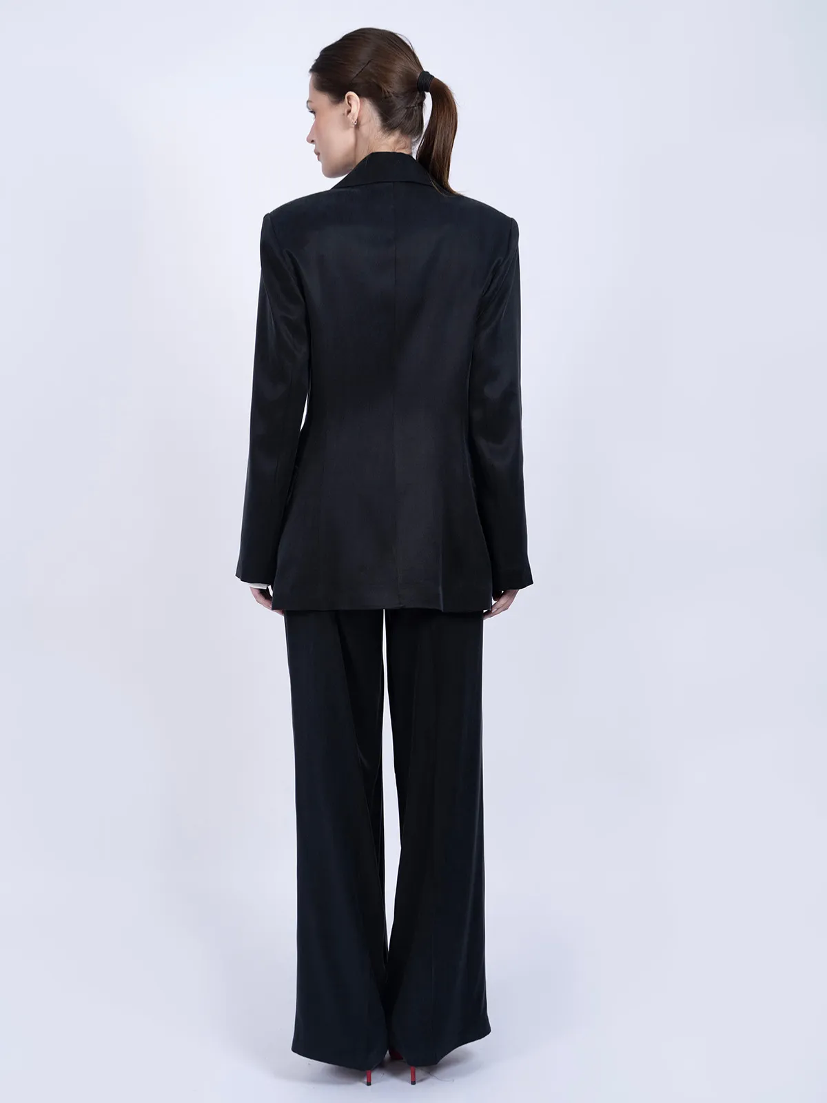 %100 İpek Cupro Düz Blazer Ceket & Pantalon Takımı - Siyah - Görsel 4