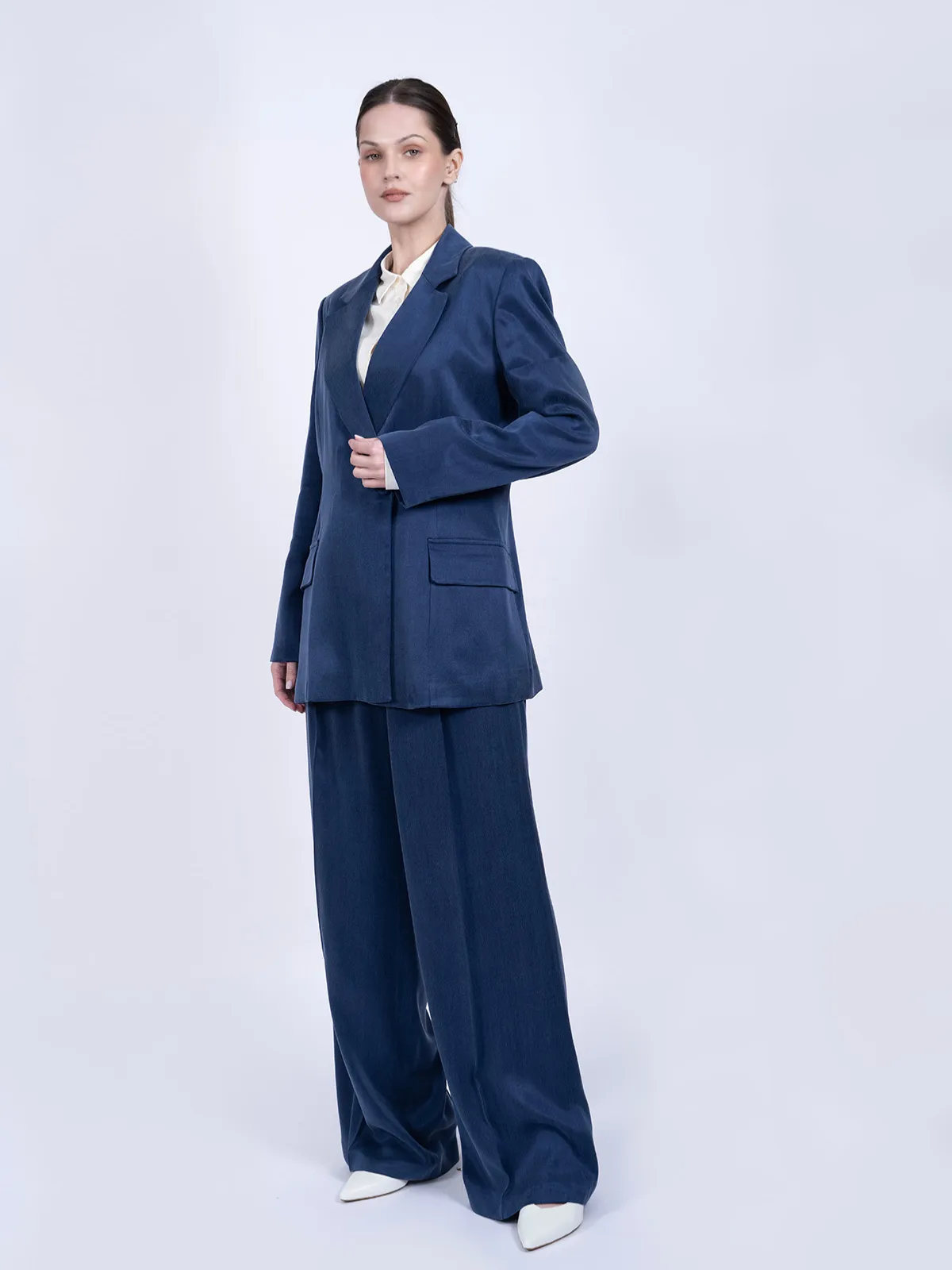 %100 İpek Cupro Düz Blazer Ceket & Pantalon Takımı - Lacivert - Görsel 2