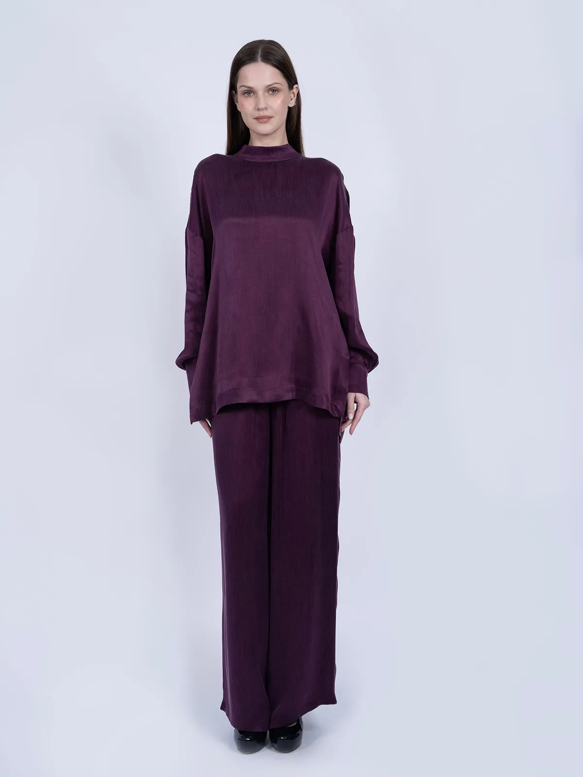 %100 İpek Cupro Basic Tunik & Pantolon Takımı - Mürdüm