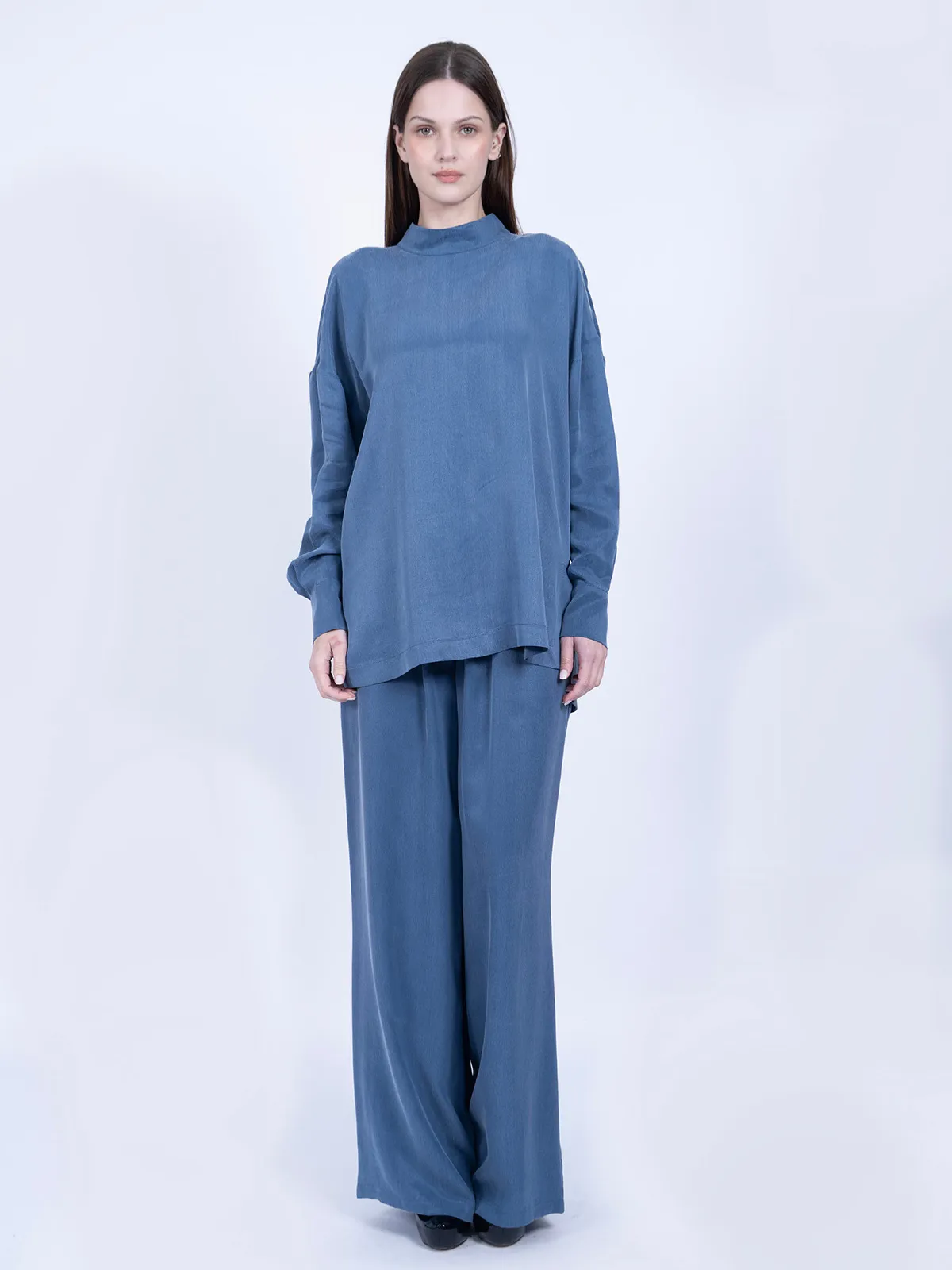 %100 İpek Cupro Basic Tunik & Pantolon Takımı - Mavi