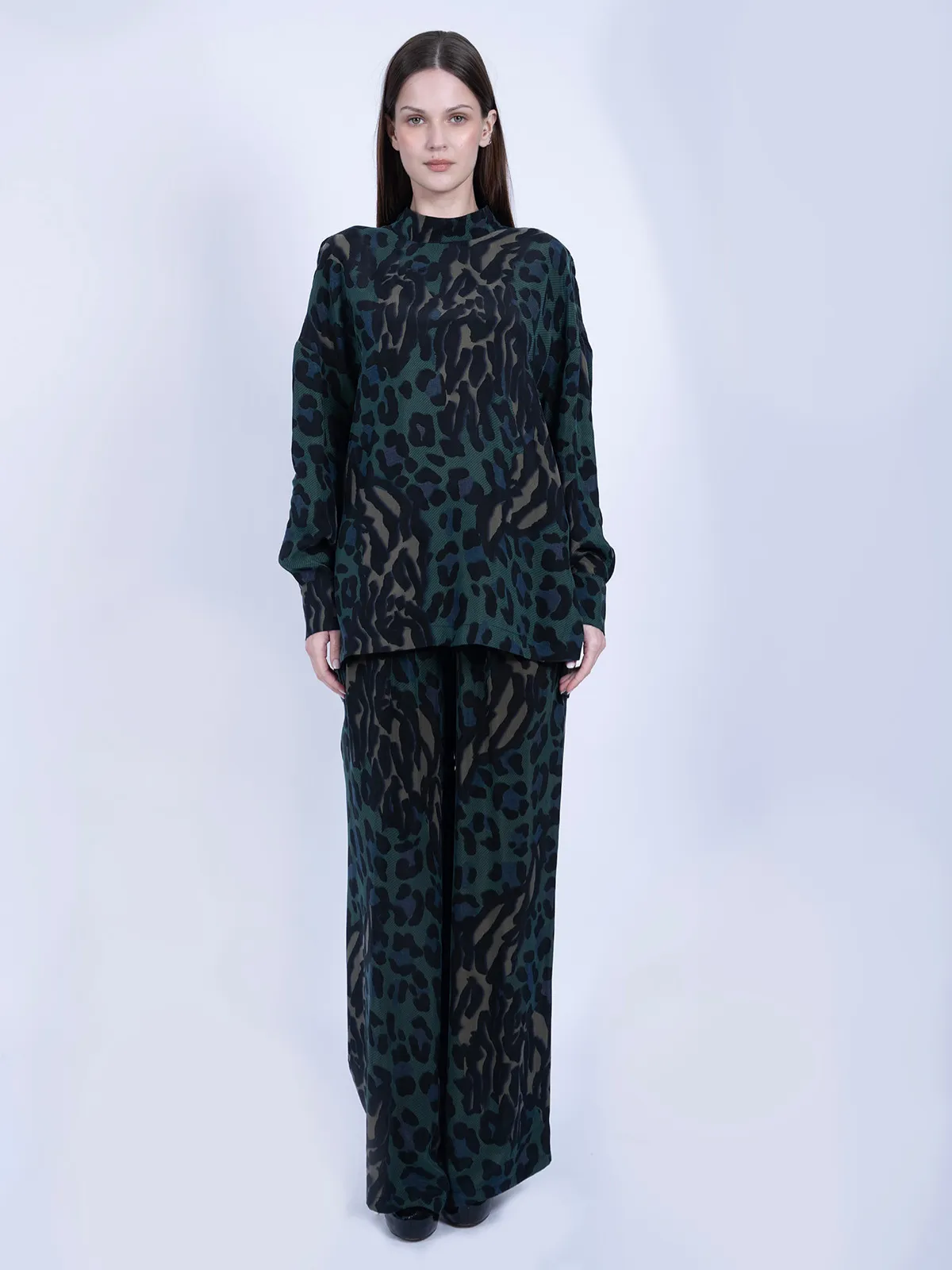 %100 İpek Cupro Basic Tunik & Pantolon Takımı - Leopar