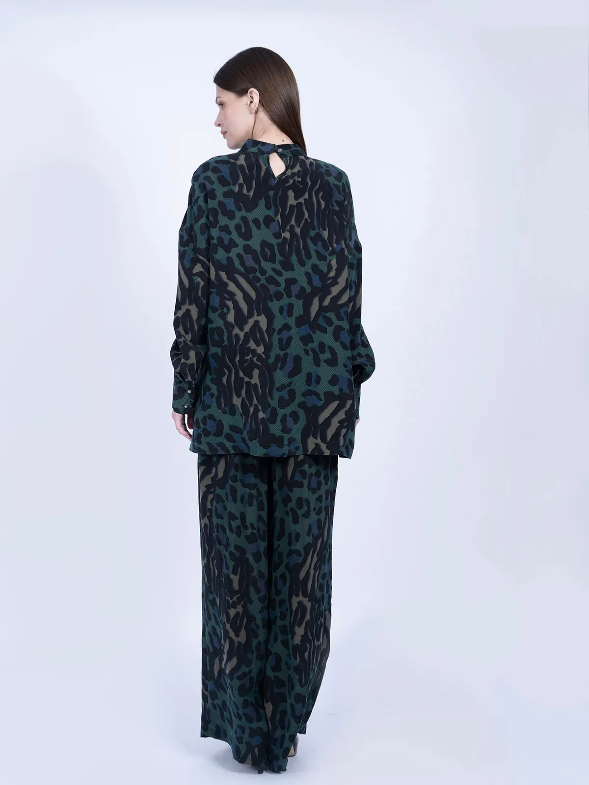 %100 İpek Cupro Basic Tunik & Pantolon Takımı - Leopar - Görsel 4