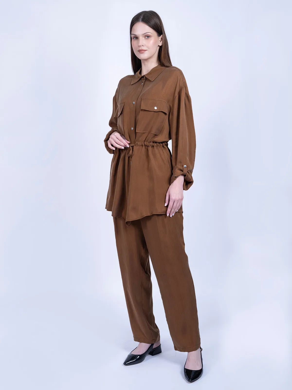 %100 İpek Cupro Bağlamalı Tunik Gömlek Pantolon Takımı - Camel