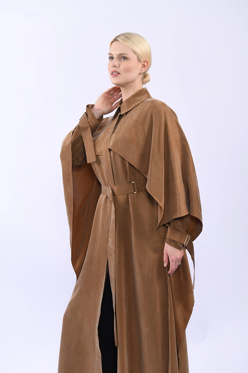 %100 İpek Cupro Pelerinli Trenç - Camel - Görsel 2