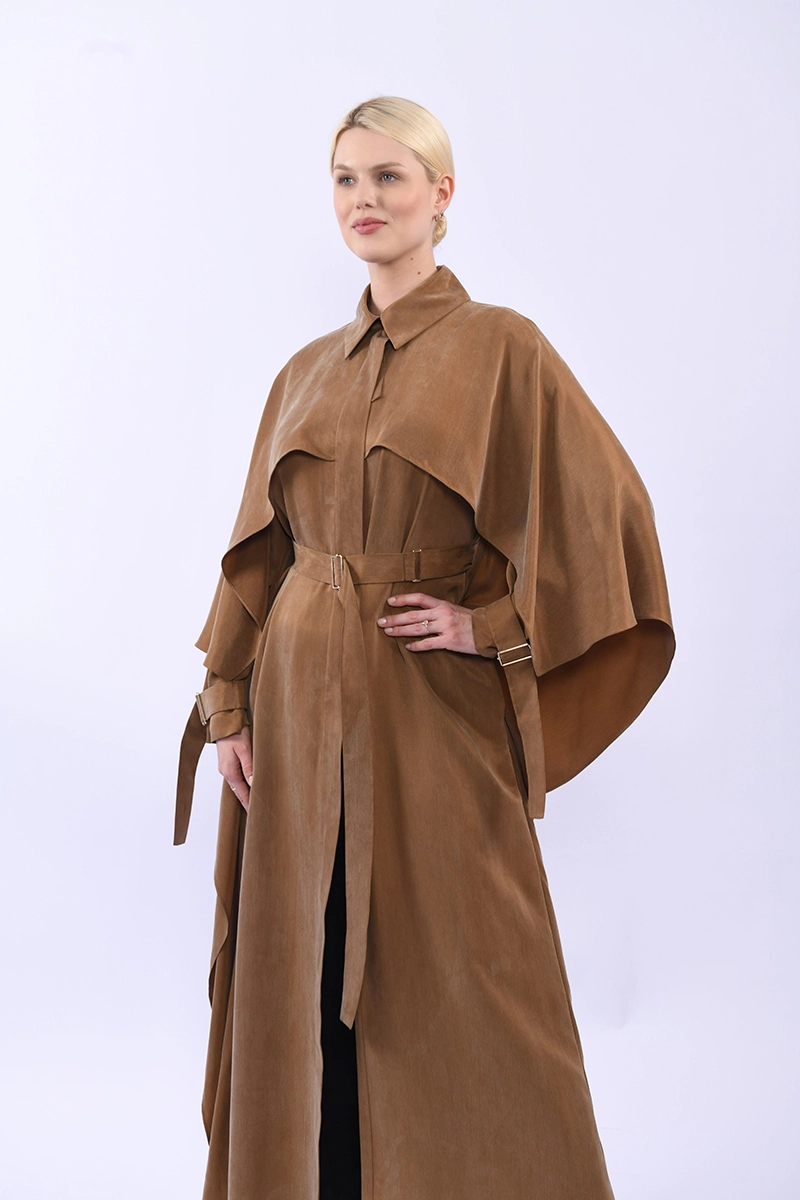 %100 İpek Cupro Pelerinli Trenç - Camel - Görsel 3