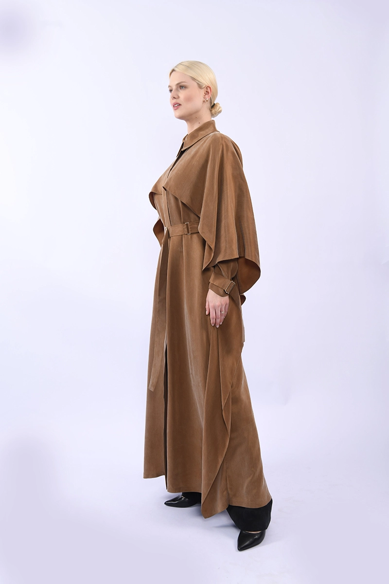%100 İpek Cupro Pelerinli Trenç - Camel - Görsel 5